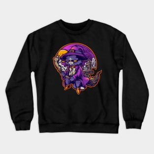 Cat Witch Flying on a Broom Halloween Theme Design Crewneck Sweatshirt